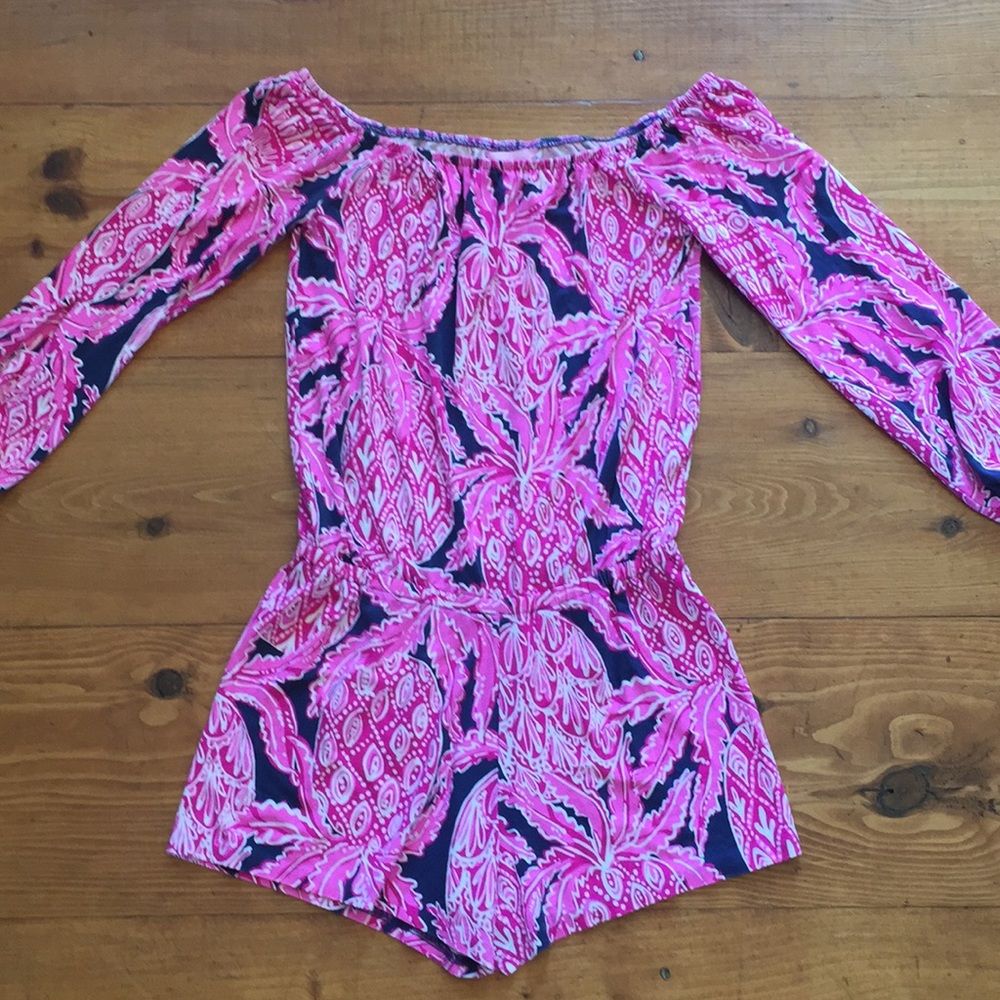 Lilly Pulitzer Pink Navy Off-Shoulder Romper